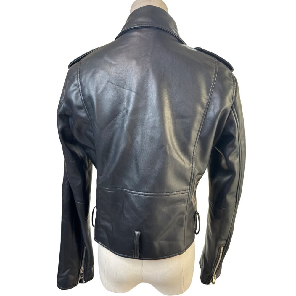 NWOT ZARA M Black Faux Leather Biker Jacket Zipper Details & Epaulettes - Picture 11 of 14